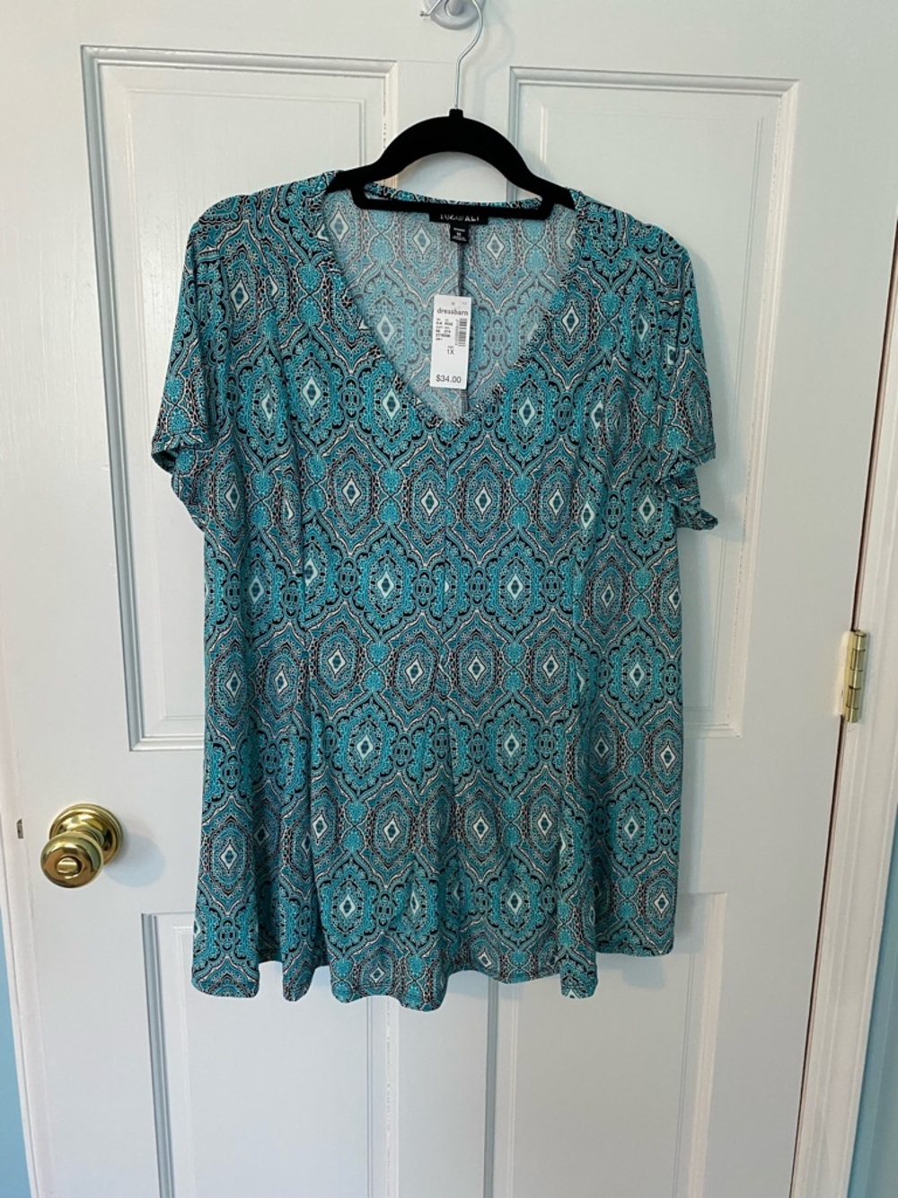 dressbarn Teal Geometric V-Neck Short Sleeve Tunic